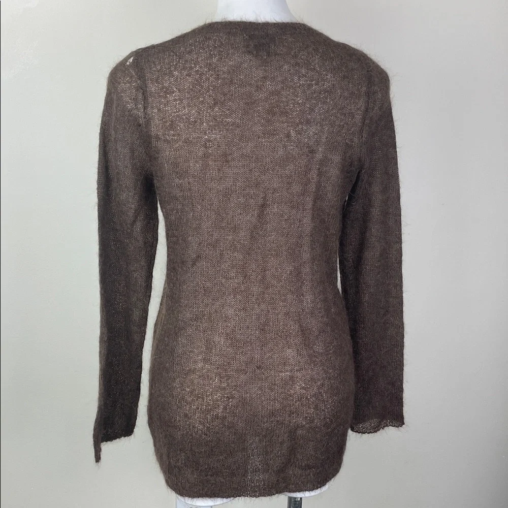Super Fuzzy Sheer Mohair V-Neck Sweater Brown Distressed